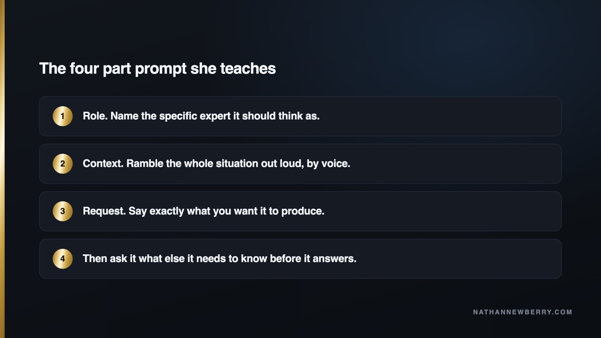 The four part prompt: role, context, request, then ask what else it needs
