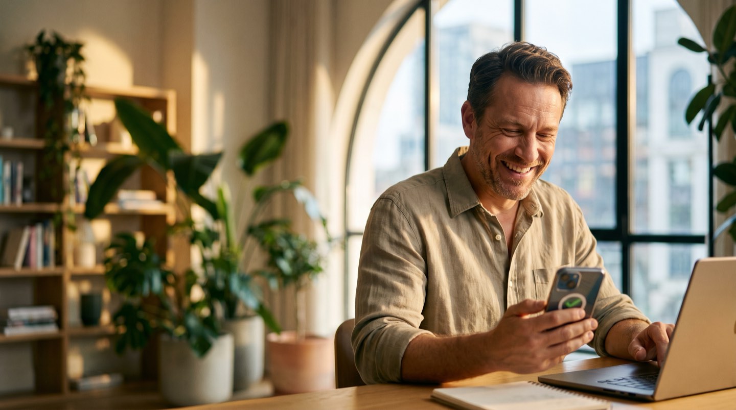 Business owner smiling at a new booked call on his phone
